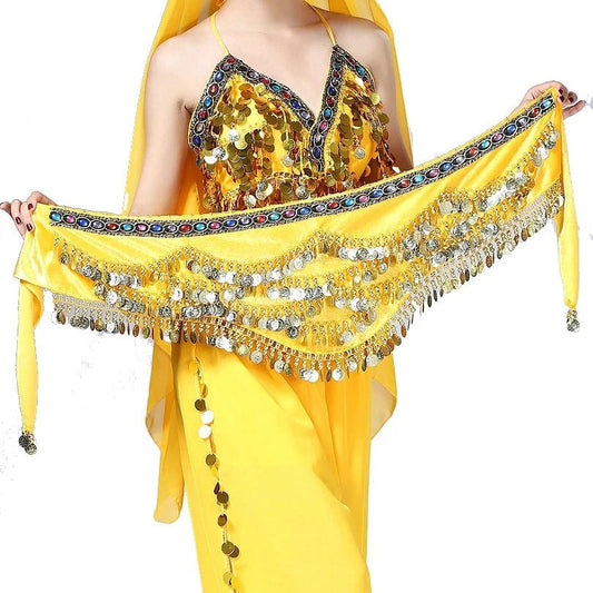 Mandotos multi-color glass silk velvet belly dance belt with crystals, waist chain, and hip scarf for vibrant dance performance.