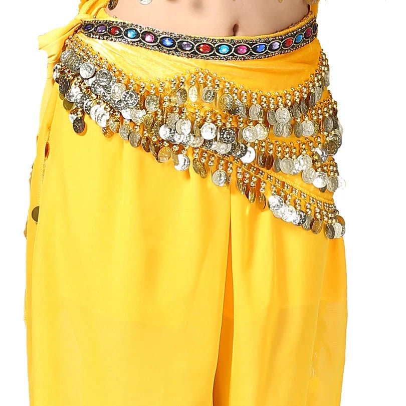 Mandotos multi-color glass silk velvet belly dance belt with crystal accents, waist chain, and hip scarf for elegant dance performances.