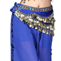Mandotos multi-color glass silk velvet belly dance belt with crystals, waist chain, and hip scarf for vibrant dance performances.