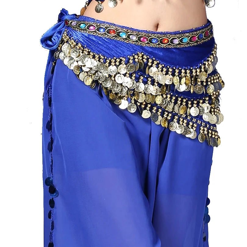 Mandotos multi-color glass silk velvet belly dance belt with crystals, waist chain, and hip scarf for vibrant dance performances.