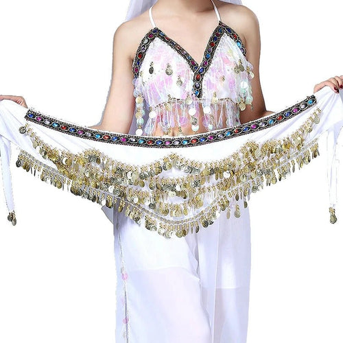 Mandotos multi-color glass silk velvet belly dance belt with crystal accents, hip scarf, and waist chain for dance performances.