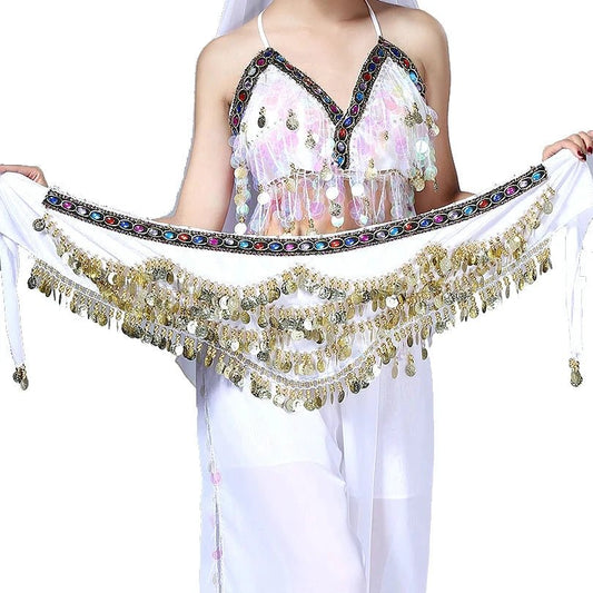 Mandotos multi-color glass silk velvet belly dance belt with crystal accents, hip scarf, and waist chain for dance performances.