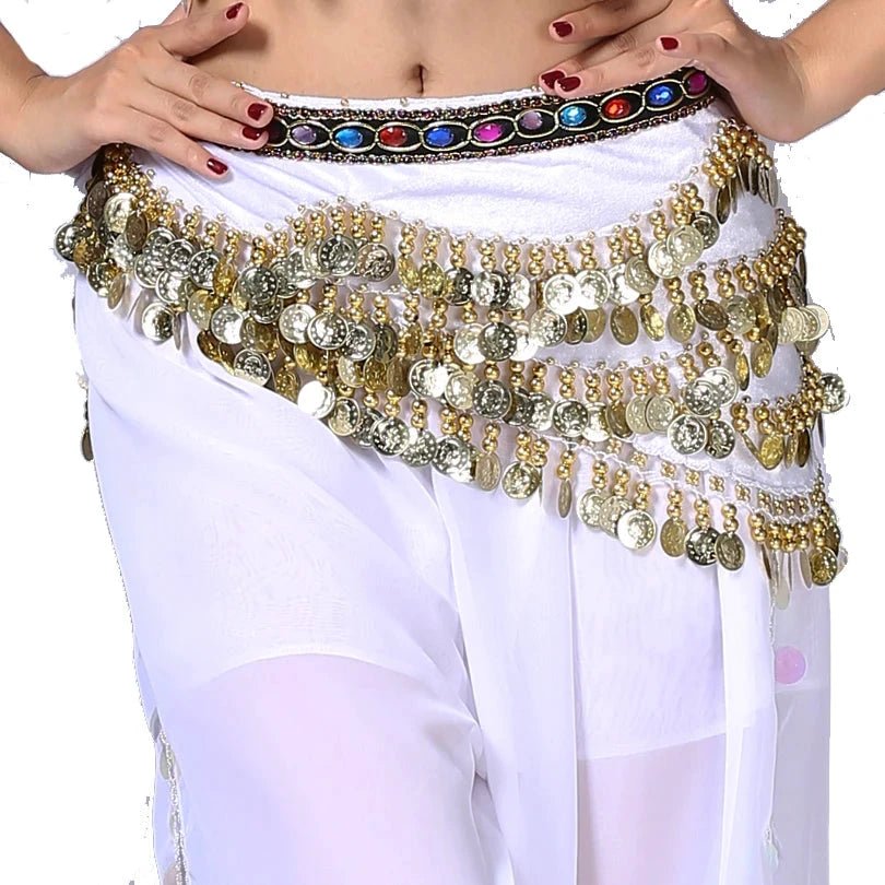 Mandotos new multi-color glass silk velvet belly dance belt with crystals, waist chain, and hip scarf for elegant dance performances.