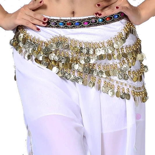 Mandotos new multi-color glass silk velvet belly dance belt with crystals, waist chain, and hip scarf for elegant dance performances.