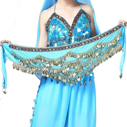 Mandotos belly dance belt with multi-color glass beads, silk velvet fabric, crystal accents, waist chain, and hip scarf for dance performance.