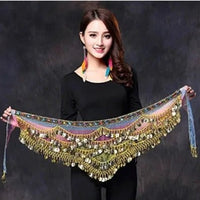 Mandotos multi-color glass silk velvet belly dance belt with crystals, waist chain, and hip scarf for elegant movement and style