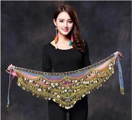 Mandotos multi-color glass silk velvet belly dance belt with crystals, waist chain, and hip scarf for elegant movement and style