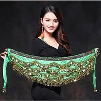 Mandotos multi-color glass silk velvet belly dance belt with crystals, waist chain, and hip scarf for elegant dance performances.