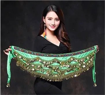 Mandotos multi-color glass silk velvet belly dance belt with crystals, waist chain, and hip scarf for elegant dance performances.