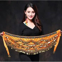 Mandotos multi-color glass silk velvet belly dance belt with crystals, waist chain, and hip scarf for dance performances.