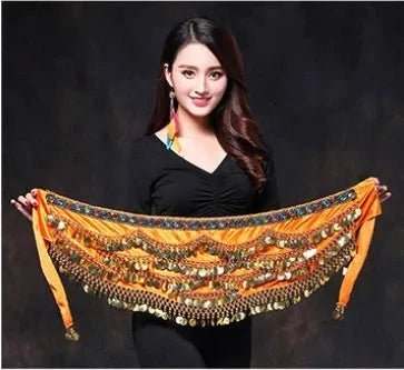Mandotos multi-color glass silk velvet belly dance belt with crystals, waist chain, and hip scarf for dance performances.