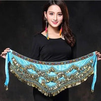 Mandotos multi-color glass silk velvet belly dance belt with crystal accents, waist chain, and hip scarf for vibrant dance performances.