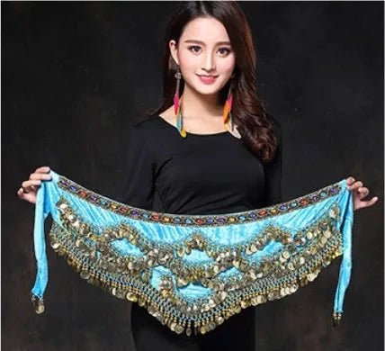 Mandotos multi-color glass silk velvet belly dance belt with crystal accents, waist chain, and hip scarf for vibrant dance performances.