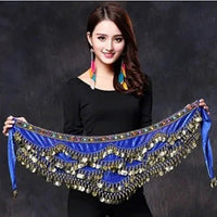 Mandotos multi-color glass silk velvet belly dance belt with crystal accents, waist chain, and hip scarf for vibrant dance performances.