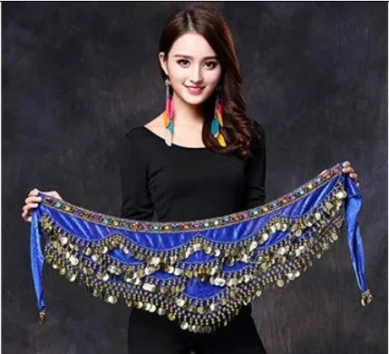 Mandotos multi-color glass silk velvet belly dance belt with crystal accents, waist chain, and hip scarf for vibrant dance performances.