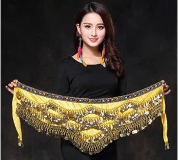 Mandotos multi-color glass silk velvet belly dance belt with crystals, waist chain, and hip scarf for elegant dancing performances.