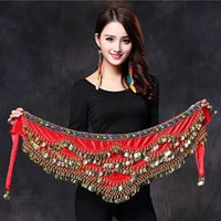 Mandotos multi-color glass silk velvet belly dance belt with crystals, waist chain, and hip scarf for vibrant dance performances.