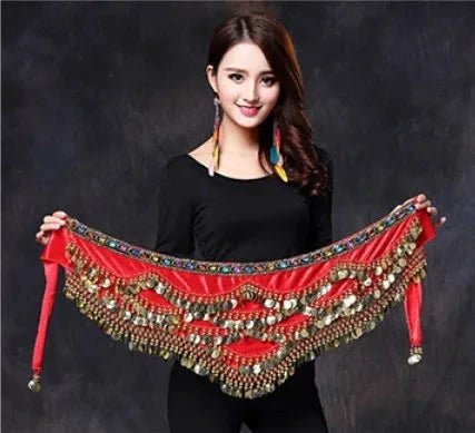Mandotos multi-color glass silk velvet belly dance belt with crystals, waist chain, and hip scarf for vibrant dance performances.