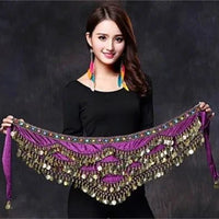 Mandotos multicolor glass silk velvet belly dance belt with crystals, waist chain, and hip scarf, ideal for dance performances.