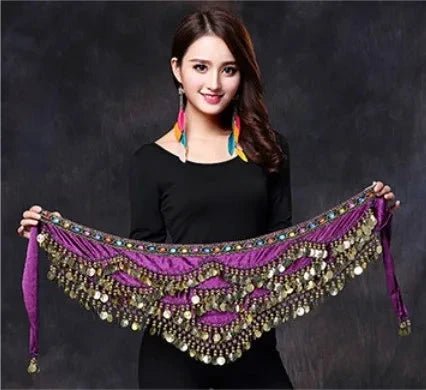 Mandotos multicolor glass silk velvet belly dance belt with crystals, waist chain, and hip scarf, ideal for dance performances.
