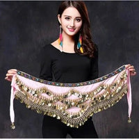 Mandotos multi-color glass silk velvet belly dance belt with crystals and waist chain, featuring a hip scarf for dance performance.