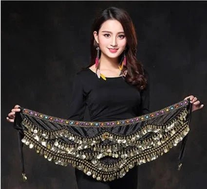 Mandotos new multi-color glass silk velvet belly dance belt with crystal embellishments, waist chain, and hip scarf for dance performances.