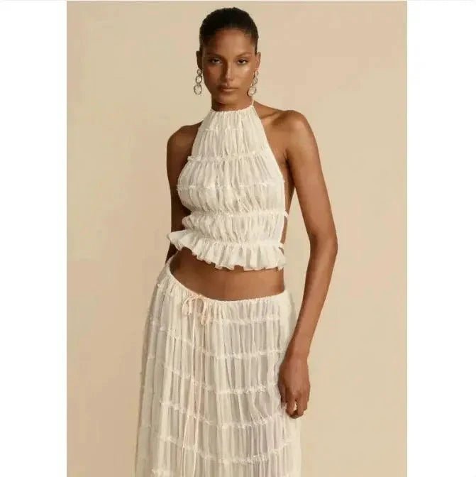 Mandotos 2-piece chic halter dress suit set featuring a stylish halter top and matching skirt for a fashionable look.