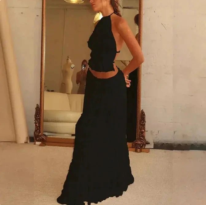 Mandotos 2-piece chic halter dress suit set with stylish top and matching skirt, perfect for fashionable occasions.
