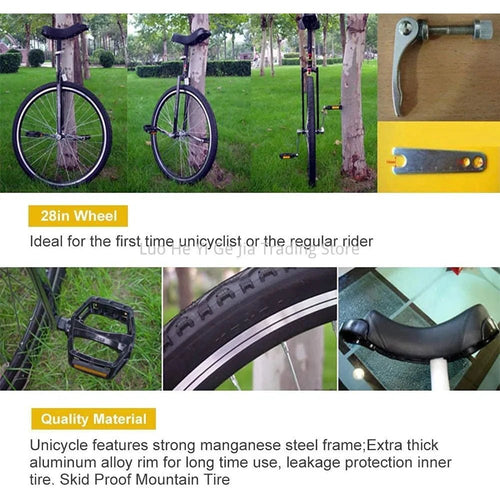 Mandotos 28-inch unicycle with brakes, heavy-duty design for men and teens, suitable for tall riders 160-195cm height.