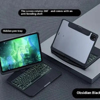 Mandotos 360° swivel keyboard clear case showing transparent protective cover with secure edges and flexible design.