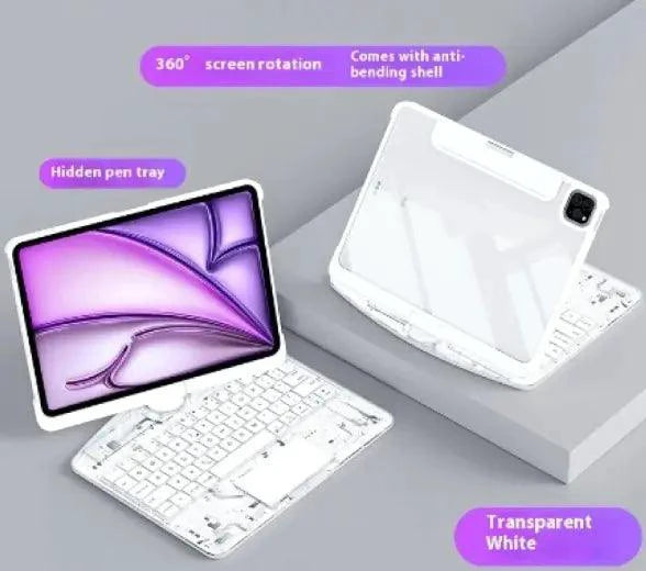 Mandotos 360° swivel keyboard clear case showing a transparent protective cover with a keyboard inside.
