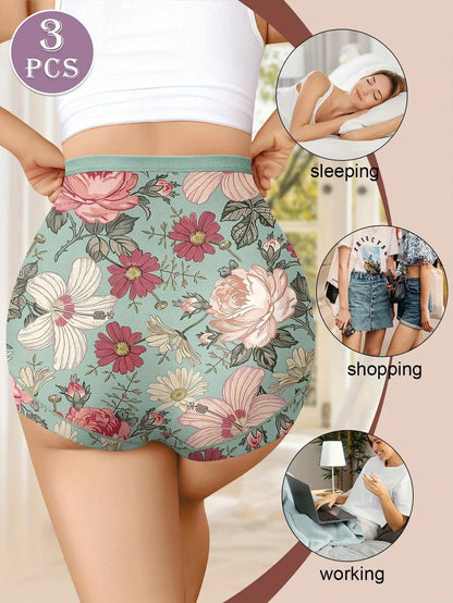3pcs High Waisted Panties Women's Panties Tummy Tightening and Hip Lifting Printed Patterns Comfortable Fit - MANDOTOS