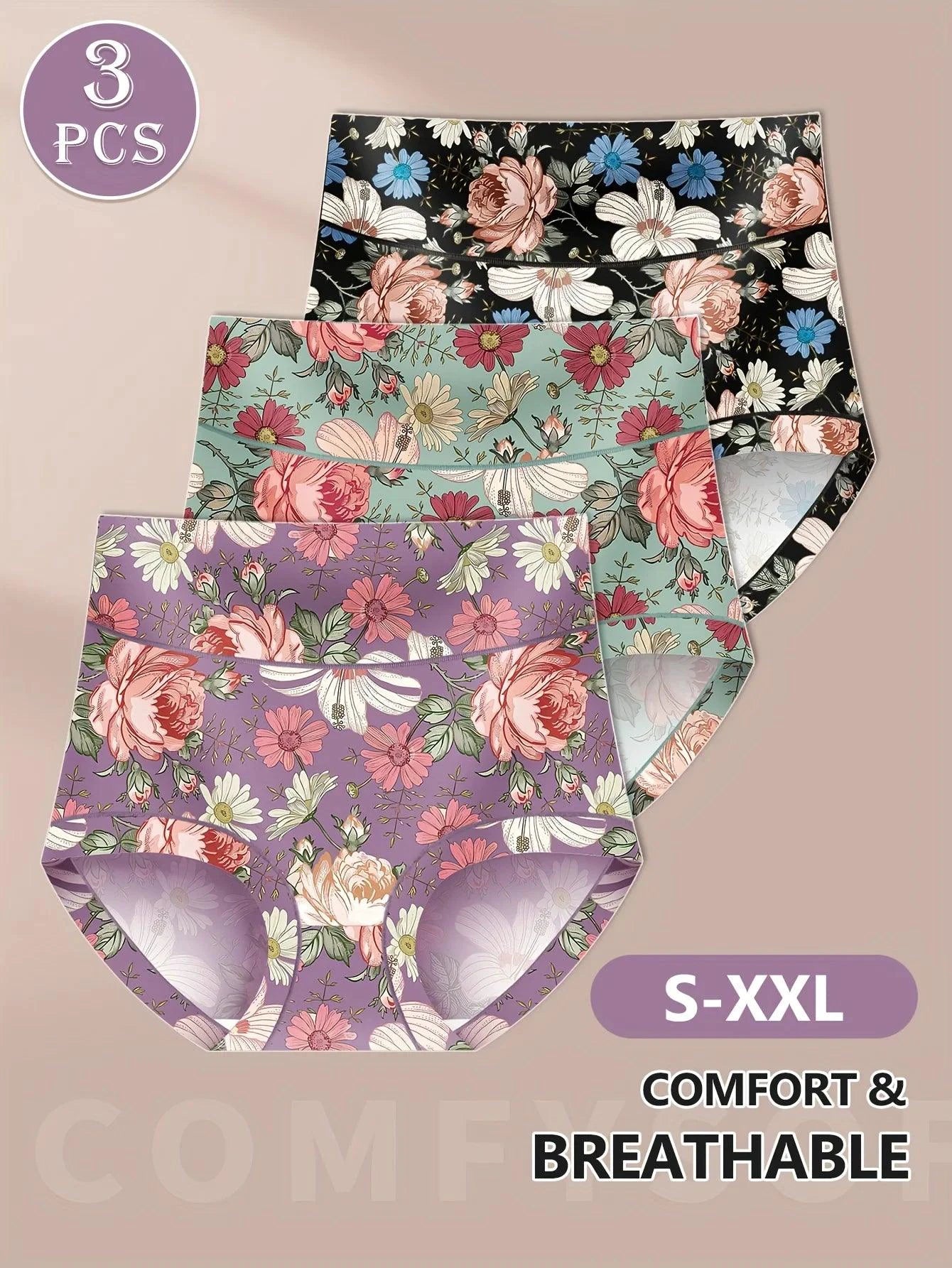 Set of three MANDOTOS high-waisted women's panties with printed patterns, tummy tightening, and hip lifting for comfortable fit.