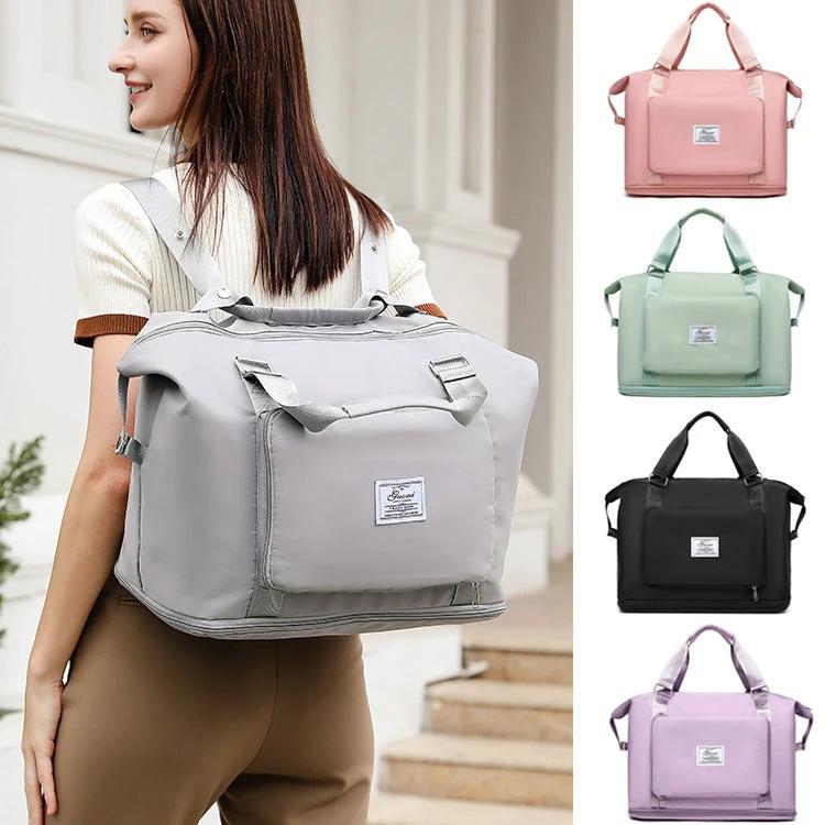Mandotos folding travel bag for women, versatile backpack, shoulder bag, gym, fitness, weekender, and overnight use.