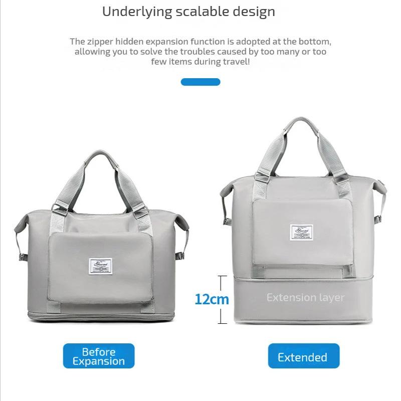 Mandotos folding travel bag for women, versatile backpack, shoulder bag, gym, fitness, weekender, and overnight use.