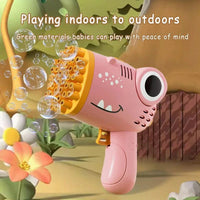 Mandotos 40-hole dinosaur bubble machine, handheld electric bubble gun for outdoor weddings and parties with colorful bubbles.
