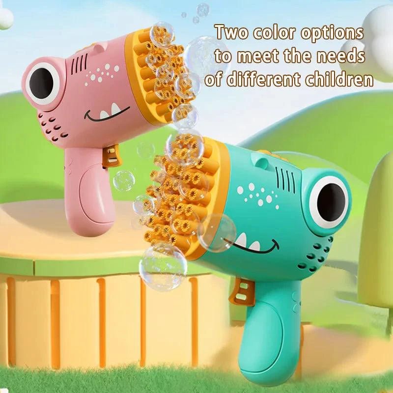 Mandotos 40-hole dinosaur bubble machine, handheld electric bubble gun for outdoor weddings and parties, colorful and fun toy.