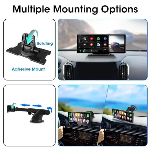 MANDOTOS 4K 10.26-inch mirror dash cam with CarPlay and Android Auto, showing the screen displaying driving footage and interface.