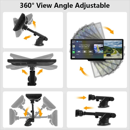Mandotos 4K 10.26-inch mirror dash cam showing front camera view with Carplay and Android Auto connectivity on the screen.