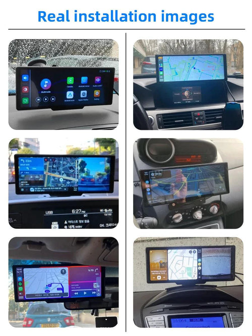 Mandotos 4K 10.26-inch mirror dash cam with CarPlay and Android Auto, showing the screen mounted on a car's windshield.