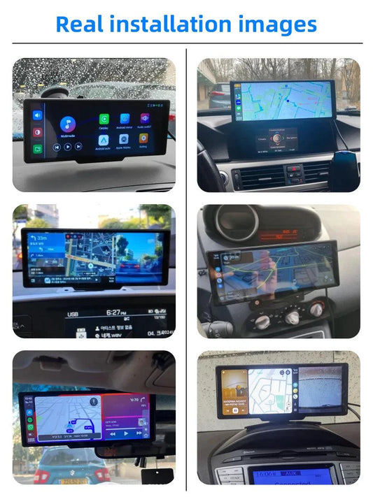 Mandotos 4K 10.26-inch mirror dash cam with CarPlay and Android Auto, showing the screen mounted on a car's windshield.