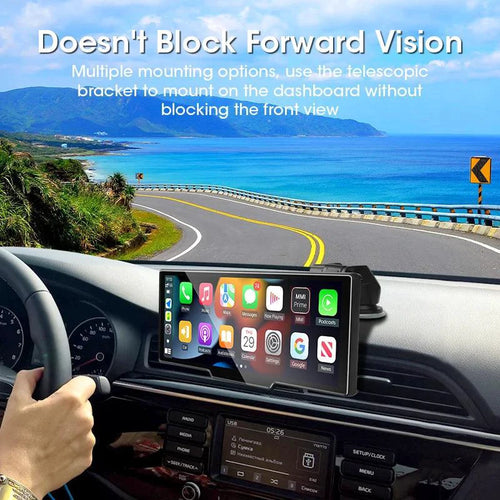 Mandotos 4K 10.26-inch mirror dash cam with CarPlay and Android Auto showing front view and dashboard display.
