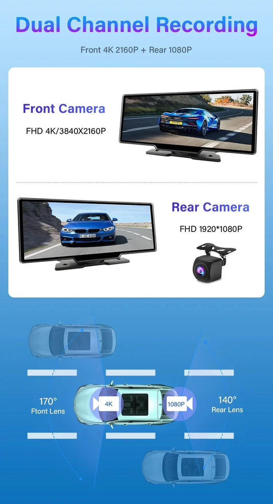 Mandotos 4K 10.26-inch mirror dash cam with CarPlay and Android Auto showing the reflective screen and camera lens.