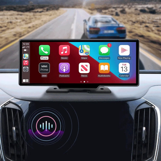 Mandotos 4K 10.26-inch mirror dash cam with CarPlay and Android Auto, mounted on a vehicle windshield showing clear display screen.