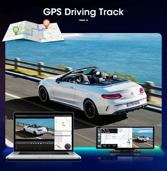 Mandotos 4K 10.26-inch mirror dash cam with CarPlay and Android Auto installed in a vehicle, showing its sleek reflective screen.
