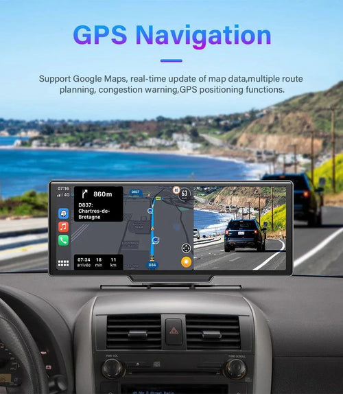 Mandotos 4K 10.26-inch mirror dash cam with CarPlay and Android Auto displaying the screen mounted on a car dashboard.