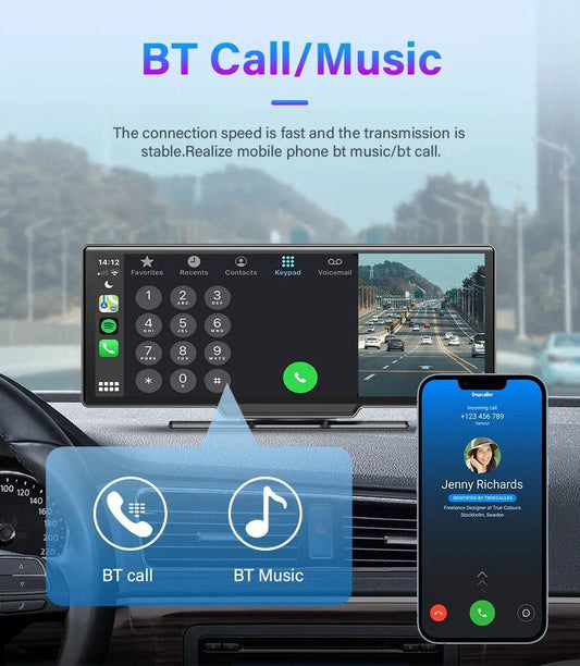 Mandotos 4K 10.26-inch mirror dash cam with Carplay and Android Auto showing front view in a car interior.
