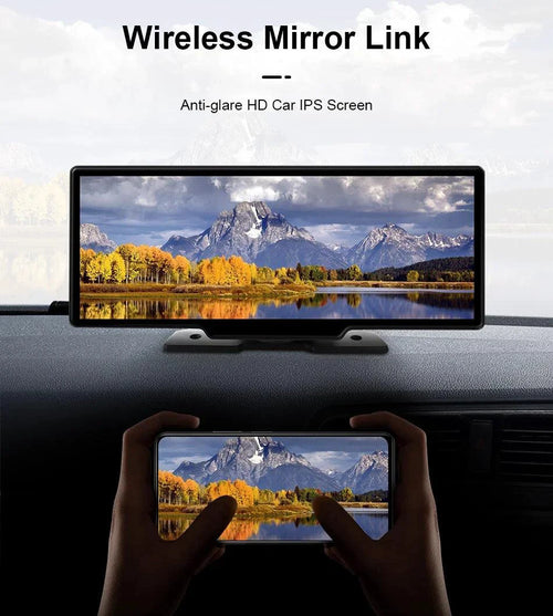 Mandotos 4K 10.26-inch mirror dash cam with CarPlay and Android Auto, showing the sleek display and camera lens in the image.