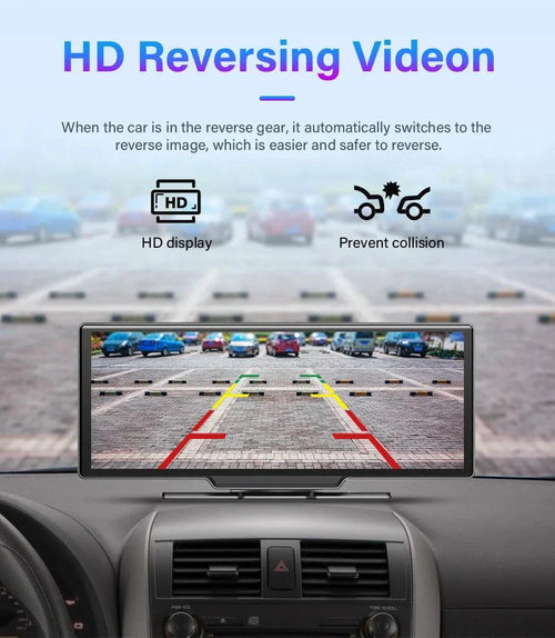 Mandotos 4K 10.26-inch mirror dash cam with Carplay and Android Auto, showing the camera screen mounted inside a vehicle.