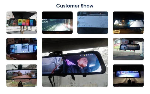 Mandotos 4K 10.26-inch mirror dash cam with Carplay and Android Auto, showing the camera display on the reflective mirror surface.